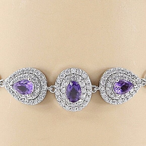 Gold Coast 7.5" + 2" Extender Chain Purple CZ Amethyst Platinum Plated Bracelet - Picture 2 of 6